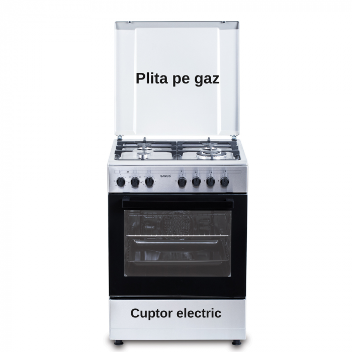 Pachet Aragaz Mixt Samus SM662AENS1, 4 Arzătoare Gaz, Arzător WOK, Cuptor Electric 56L, 7 Funcții, Grill, Timer, Inox+ Butelie GPL 26L, Ceas Regulator, Furtun 2m și 2 Coliere [4]