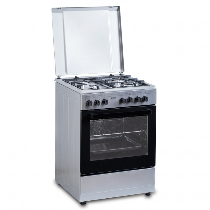 Pachet Aragaz Mixt Samus SM662AENS1, 4 Arzătoare Gaz, Arzător WOK, Cuptor Electric 56L, 7 Funcții, Grill, Timer, Inox+ Butelie GPL 26L, Ceas Regulator, Furtun 2m și 2 Coliere [6]