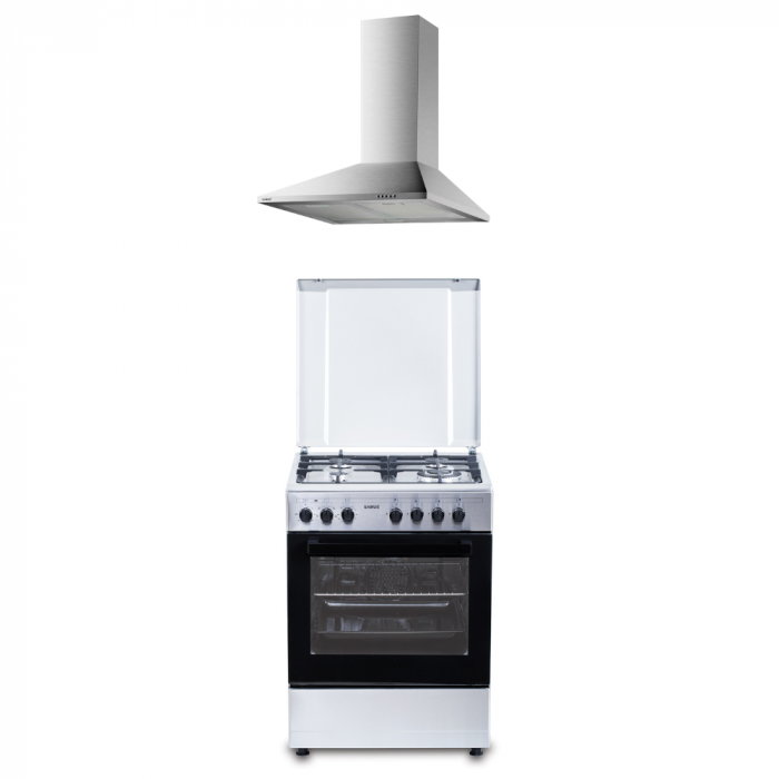 Pachet - Aragaz Mixt Samus SM662AENS1, 4 Arzătoare Gaz, Arzător WOK, Cuptor Electric 56L + Hota decorativa Samus HS660DLX, 600 mc/h, 1 motor, 202 W, latime 60 cm, Filtru tip dublu-caseta (din aluminiu [1]