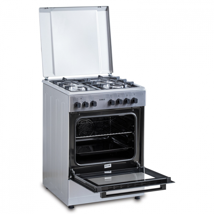 Pachet - Aragaz Mixt Samus SM662AENS1, 4 Arzătoare Gaz, Arzător WOK, Cuptor Electric 56L + Hota decorativa Samus HS660DLX, 600 mc/h, 1 motor, 202 W, latime 60 cm, Filtru tip dublu-caseta (din aluminiu [6]