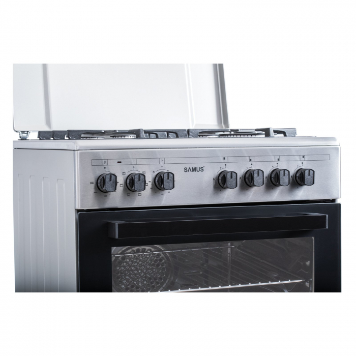 Pachet - Aragaz Mixt Samus SM662AENS1, 4 Arzătoare Gaz, Arzător WOK, Cuptor Electric 56L + Hota decorativa Samus HS660DLX, 600 mc/h, 1 motor, 202 W, latime 60 cm, Filtru tip dublu-caseta (din aluminiu [8]