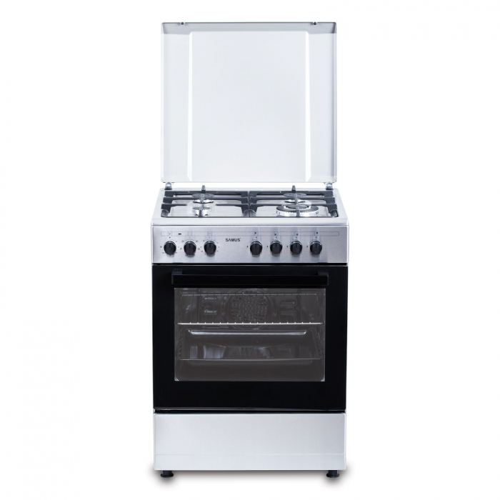 Pachet - Aragaz Mixt Samus SM662AENS1, 4 Arzătoare Gaz, Arzător WOK, Cuptor Electric 56L + Hota decorativa Samus HS660DLX, 600 mc/h, 1 motor, 202 W, latime 60 cm, Filtru tip dublu-caseta (din aluminiu [2]