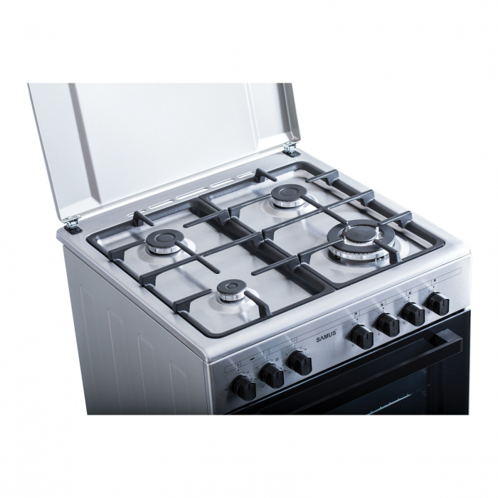 Pachet - Aragaz Mixt Samus SM662AENS1, 4 Arzătoare Gaz, Arzător WOK, Cuptor Electric 56L + Hota decorativa Samus HS660DLX, 600 mc/h, 1 motor, 202 W, latime 60 cm, Filtru tip dublu-caseta (din aluminiu [5]