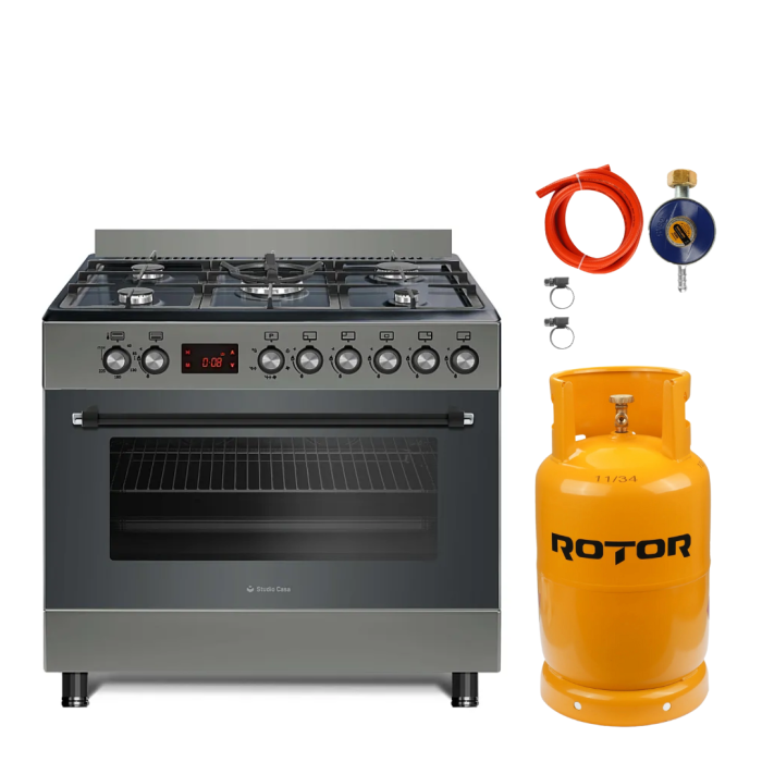 Pachet Aragaz pe gaz 90 cm Nando Graphite Grey Studio Casa, 5 zone de gatit, Gaz, Wok, Cuptor gaz, Rotisor+ Butelie GPL 26L, Ceas Regulator, Furtun 2m și 2 Coliere [1]