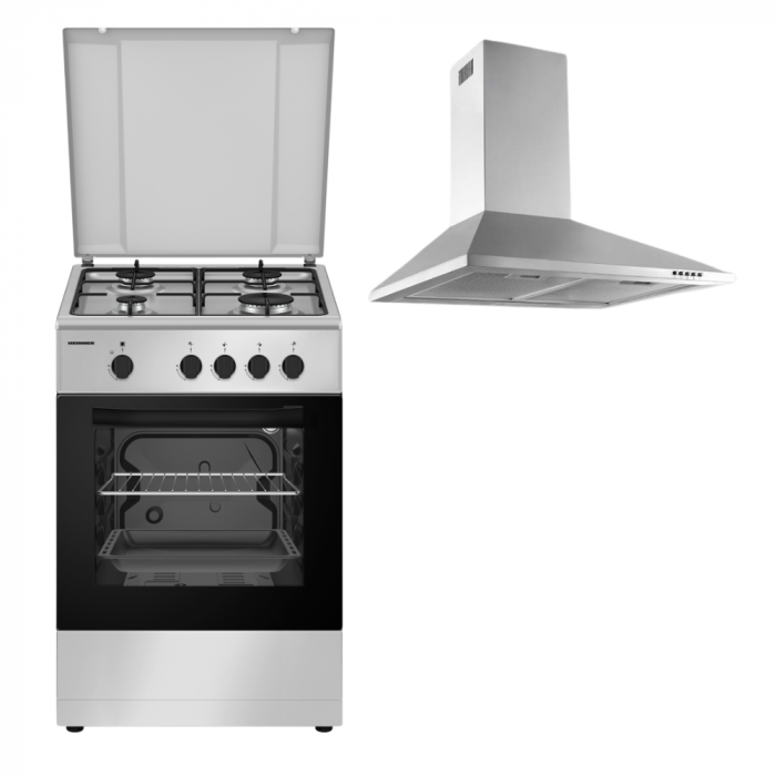 Pachet - Aragaz pe gaz + GPL Heinner HFSC-SME50SL, 50X50 cm, dispozitiv de siguranta plita si cuptor + Hota decorativa Heinner DCH-450X, putere de absorbtie 429.4 mc/h, Iluminare LED, 60 cm, Inox [1]