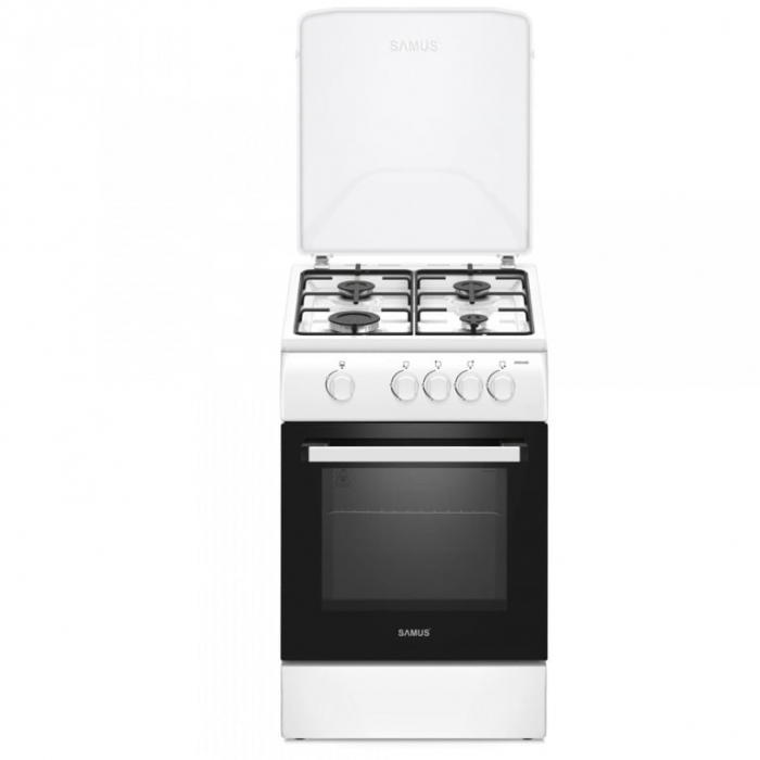 Pachet Aragaz pe gaz Samus SM561ABS, cuptor pe gaz, dispozitiv siguranta plita si cuptor, geam dublu la cuptor, capac metalic+Butelie GPL 26L, Ceas Regulator, Furtun 2m și 2 Coliere [2]