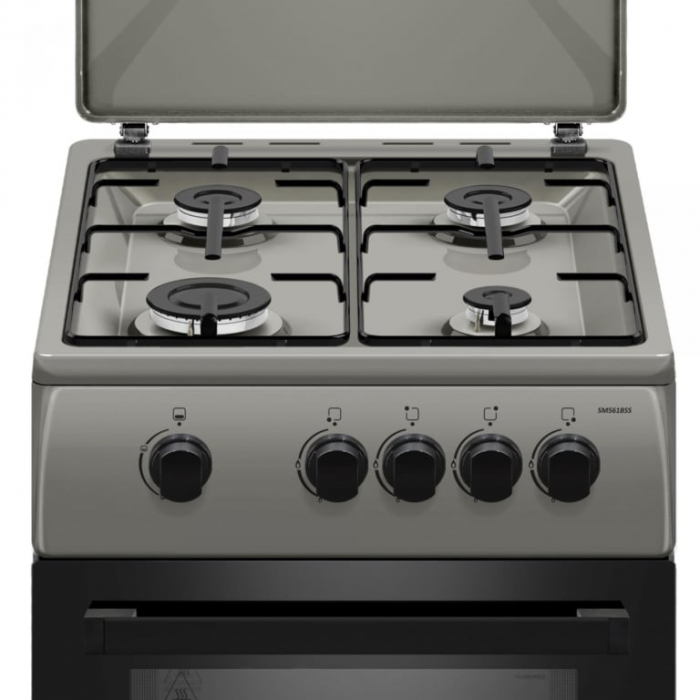 Pachet Aragaz pe gaz Samus SM561BSS, 4 arzatoare, cuptor pe gaz, dispozitiv siguranta plita si cuptor, geam dublu la cuptor, capac metalic+  Butelie GPL 26L, Ceas Regulator, Furtun 2m și 2 Coliere [4]