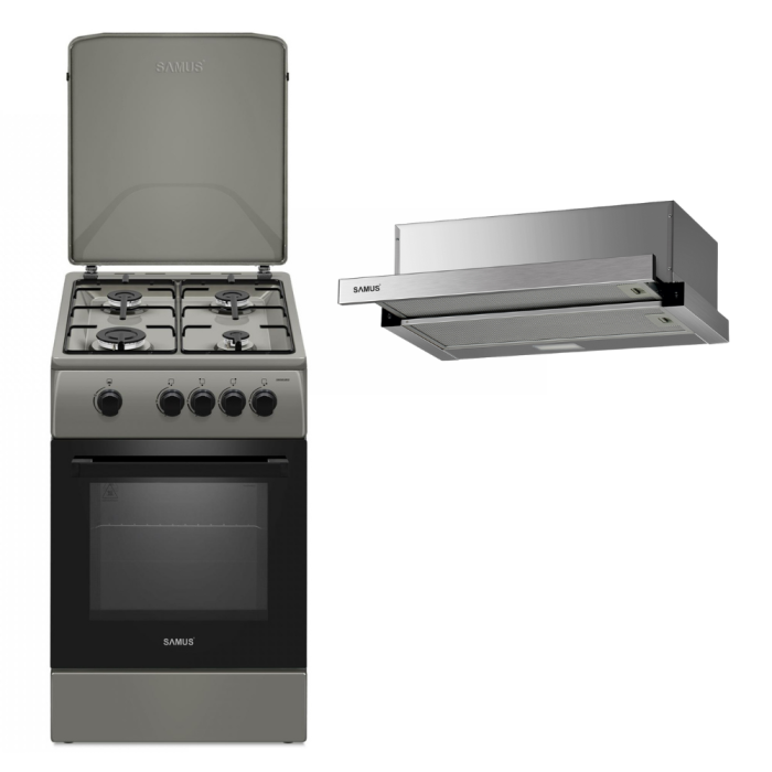 Pachet- Aragaz pe gaz Samus SM561BSS, 4 arzatoare, cuptor pe gaz, dispozitiv siguranta plita si cuptor, geam dublu la cuptor, capac metalic + Hota incorporabila Samus HS6060TX, 600 mc/h, 1 motor, lati [1]