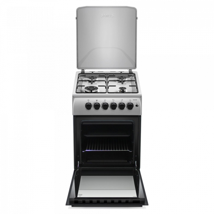 Pachet Aragaz pe gaz Samus SM561XPBS, 4 arzatoare, cuptor pe gaz, aprindere electrica plita, dispozitiv siguranta plita si cuptor, geam dublu la cuptor+Butelie GPL 26L, Ceas Regulator, Furtun 2m și 2 [3]