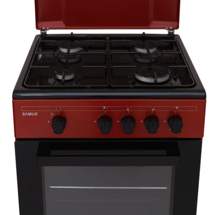 Pachet Aragaz pe gaz Samus SM566APGS, 4 arzatoare, cuptor gaz, capac de metal, Rosu + Negru+ Butelie GPL 26L, Ceas Regulator, Furtun 2m și 2 Coliere [6]