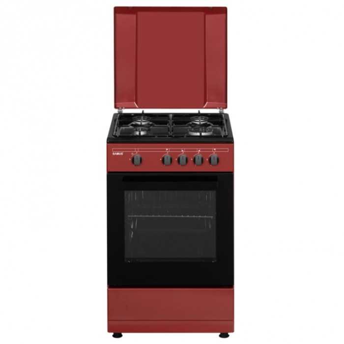 Pachet Aragaz pe gaz Samus SM566APGS, 4 arzatoare, cuptor gaz, capac de metal, Rosu + Negru+ Butelie GPL 26L, Ceas Regulator, Furtun 2m și 2 Coliere [4]