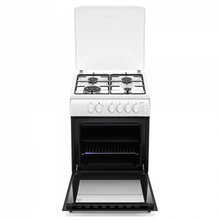 Pachet Aragaz pe gaz Samus SM664APGS, 4 arzatoare, cuptor pe gaz, 1 arzator Wok, aprindere electrica, dispozitiv siguranta plita si cuptor, timer, grill+ Butelie GPL 26L, Ceas Regulator, Furtun 2m și [3]