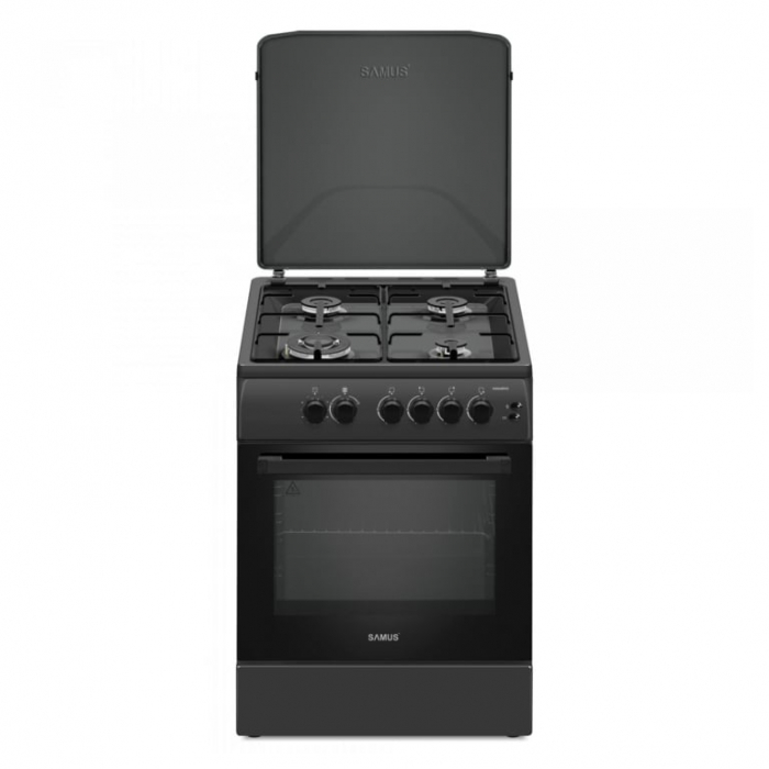 Pachet Aragaz pe gaz Samus SM664BPGS, 4 arzatoare, cuptor pe gaz, 1 arzator Wok, aprindere electrica, dispozitiv siguranta plita si cuptor, timer, grill+ Butelie GPL 26L, Ceas Regulator, Furtun 2m și [2]