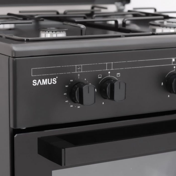 Pachet Aragaz pe gaz Samus SM667APGS Antracit, 4 arzatoare, 1 arzator Wok, aprindere electrica, grill, timer, lumina interioara, Antracit+ Butelie GPL 26L, Ceas Regulator, Furtun 2m și 2 Coliere [6]