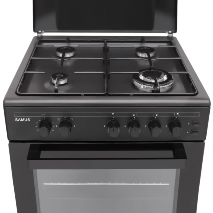 Pachet Aragaz pe gaz Samus SM667APGS Antracit, 4 arzatoare, 1 arzator Wok, aprindere electrica, grill, timer, lumina interioara, Antracit+ Butelie GPL 26L, Ceas Regulator, Furtun 2m și 2 Coliere [5]
