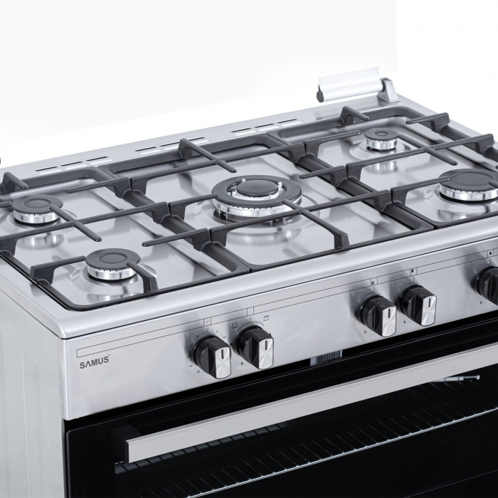 Pachet Aragaz pe gaz Samus SM950AGRXS, 5 arzatoare pe gaz, 1 arzator Wok, cuptor pe gaz, aprindere electrica plita si cuptor+Butelie GPL 26L, Ceas Regulator, Furtun 2m și 2 Coliere [6]
