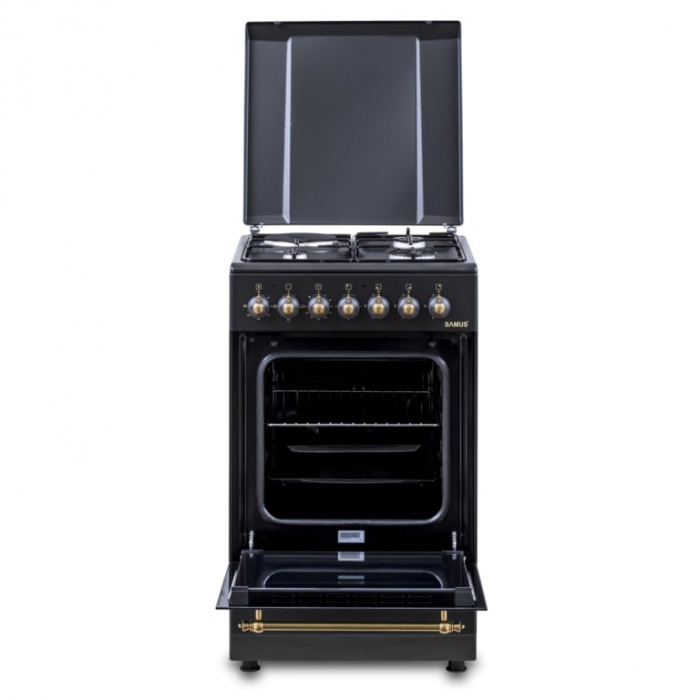 Pachet Aragaz Rustic Samus SR550EL3B1 – 3 Arzătoare pe Gaz + 1 Electric, Cuptor Electric 48L, Siguranță și Design Vintage Negru+ Butelie GPL 26L, Ceas Regulator, Furtun 2m și 2 Coliere [5]