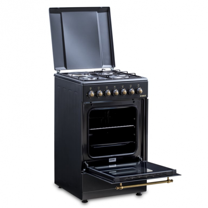Pachet Aragaz Rustic Samus SR550EL3B1 – 3 Arzătoare pe Gaz + 1 Electric, Cuptor Electric 48L, Siguranță și Design Vintage Negru+ Butelie GPL 26L, Ceas Regulator, Furtun 2m și 2 Coliere [6]