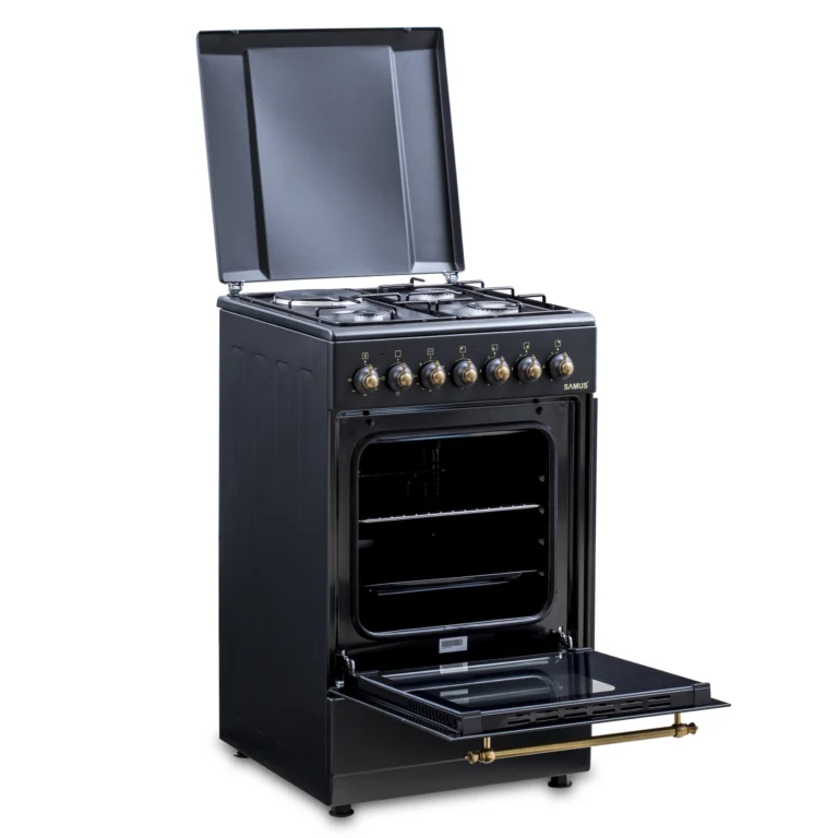 Pachet- Aragaz Rustic Samus SR550EL3B1 – 3 Arzătoare pe Gaz + 1 Electric, Cuptor Electric 48L, Siguranță și Design Vintage Negru+ Hota decorativa Samus HS630DLB, tip turn, 1 motor, latime 60 cm, filtr [6]
