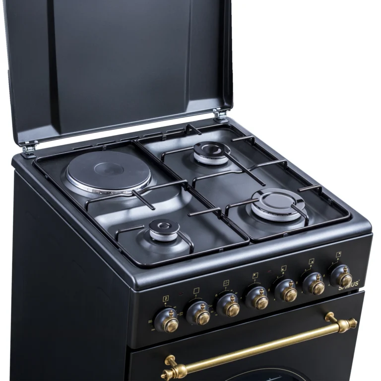 Pachet- Aragaz Rustic Samus SR550EL3B1 – 3 Arzătoare pe Gaz + 1 Electric, Cuptor Electric 48L, Siguranță și Design Vintage Negru+ Hota decorativa Samus HS630DLB, tip turn, 1 motor, latime 60 cm, filtr [9]
