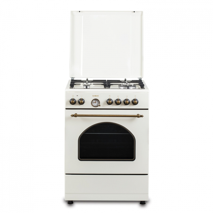 Pachet Aragaz Rustic Samus SR660EL1CW – 4 arzătoare pe gaz (1 Wok), + Diuze GPL, cuptor electric 56L, 6 funcții, aprindere electrică+ Butelie GPL 26L, Ceas Regulator, Furtun 2m și 2 Coliere [10]