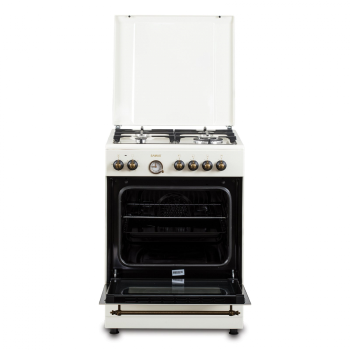 Pachet Aragaz Rustic Samus SR660EL1CW – 4 arzătoare pe gaz (1 Wok), + Diuze GPL, cuptor electric 56L, 6 funcții, aprindere electrică+ Butelie GPL 26L, Ceas Regulator, Furtun 2m și 2 Coliere [6]