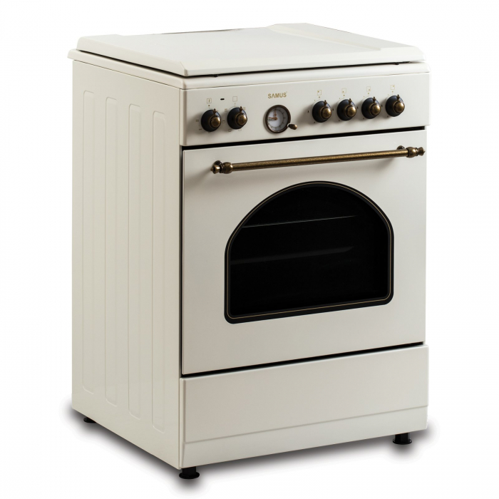 Pachet Aragaz Rustic Samus SR660EL1CW – 4 arzătoare pe gaz (1 Wok), + Diuze GPL, cuptor electric 56L, 6 funcții, aprindere electrică+ Butelie GPL 26L, Ceas Regulator, Furtun 2m și 2 Coliere [8]