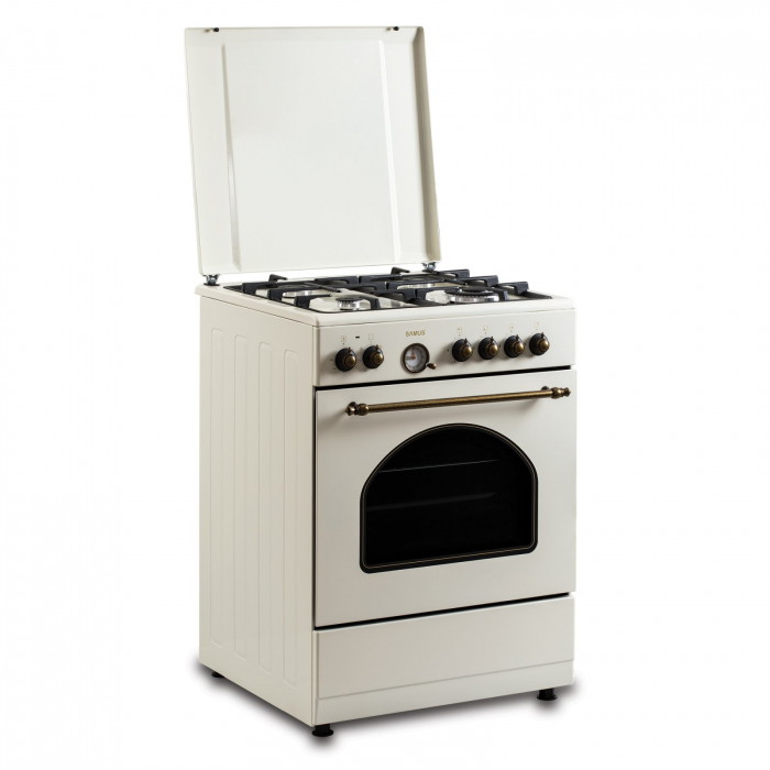 Pachet Aragaz Rustic Samus SR660EL1CW – 4 arzătoare pe gaz (1 Wok), + Diuze GPL, cuptor electric 56L, 6 funcții, aprindere electrică+ Butelie GPL 26L, Ceas Regulator, Furtun 2m și 2 Coliere [4]