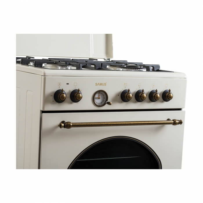 Pachet Aragaz Rustic Samus SR660EL1CW – 4 arzătoare pe gaz (1 Wok), + Diuze GPL, cuptor electric 56L, 6 funcții, aprindere electrică+ Butelie GPL 26L, Ceas Regulator, Furtun 2m și 2 Coliere [9]