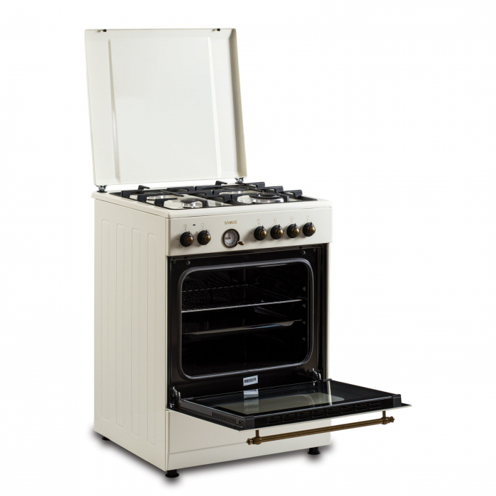 Pachet Aragaz Rustic Samus SR660EL1CW – 4 arzătoare pe gaz (1 Wok), + Diuze GPL, cuptor electric 56L, 6 funcții, aprindere electrică+ Butelie GPL 26L, Ceas Regulator, Furtun 2m și 2 Coliere [5]