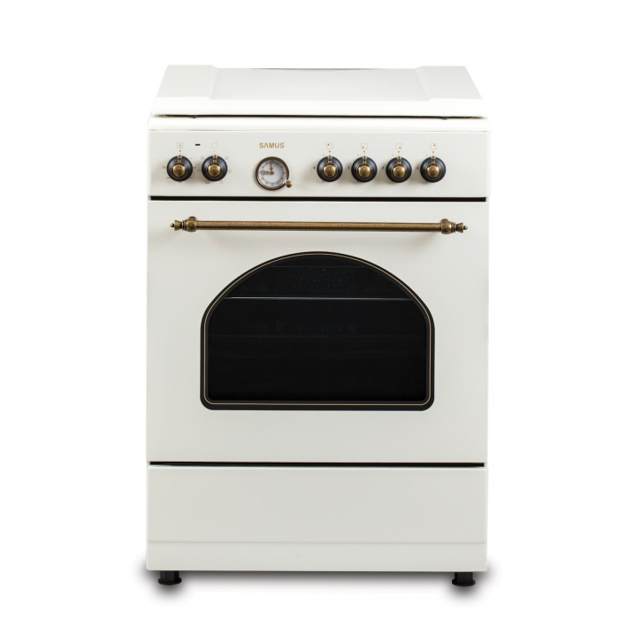 Pachet - Aragaz Rustic Samus SR660EL1CW – 4 arzătoare pe gaz (1 Wok), + Diuze GPL, cuptor electric 56L, 6 funcții, aprindere electrică, timer analogic + Hota decorativa Samus HS604DHR, Putere absorbti [5]