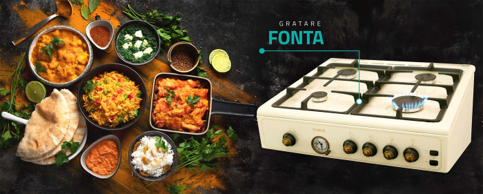 Pachet Aragaz Rustic Samus SR660G4C1 – 4 arzătoare pe gaz, cuptor pe gaz 55L, aprindere electrică, timer analogic+ Butelie GPL 26L, Ceas Regulator, Furtun și 2 Coliere [3]