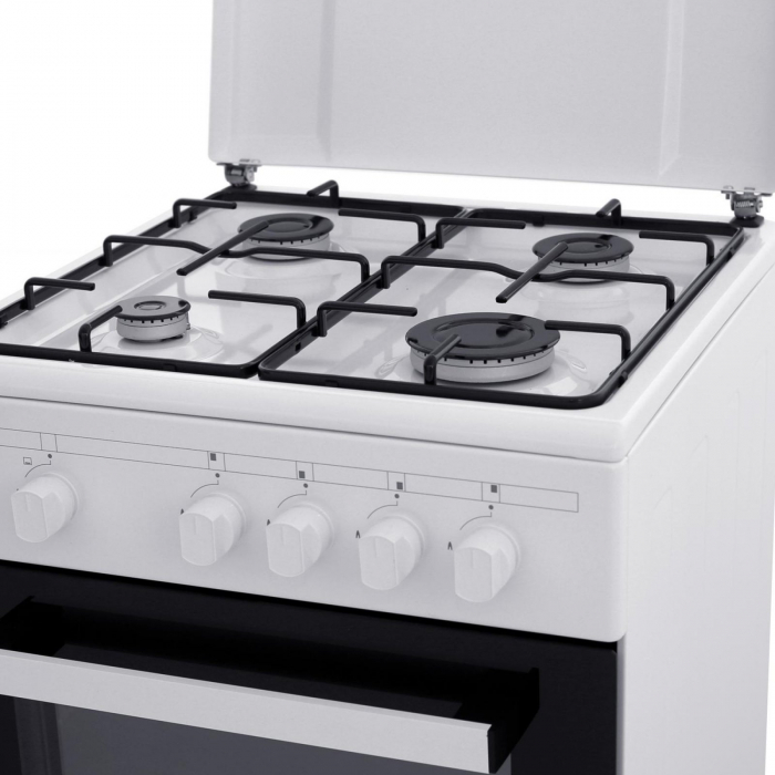 Pachet Aragaz Samus SM450ANS, 4 arzătoare, cuptor pe gaz 49L, siguranță plită + cuptor, alb, 50x50 cm+ Butelie GPL 26L, Ceas Regulator, Furtun 2m și 2 Coliere [6]
