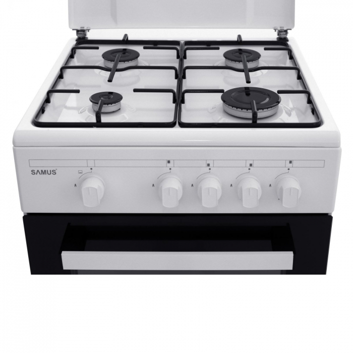 Pachet Aragaz Samus SM450ANS, 4 arzătoare, cuptor pe gaz 49L, siguranță plită + cuptor, alb, 50x50 cm+ Butelie GPL 26L, Ceas Regulator, Furtun 2m și 2 Coliere [7]