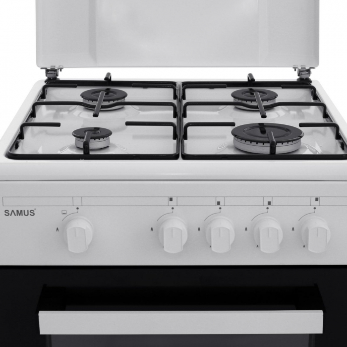 Pachet Aragaz Samus SM450ANS, 4 arzătoare, cuptor pe gaz 49L, siguranță plită + cuptor, alb, 50x50 cm+ Butelie GPL 26L, Ceas Regulator, Furtun 2m și 2 Coliere [5]