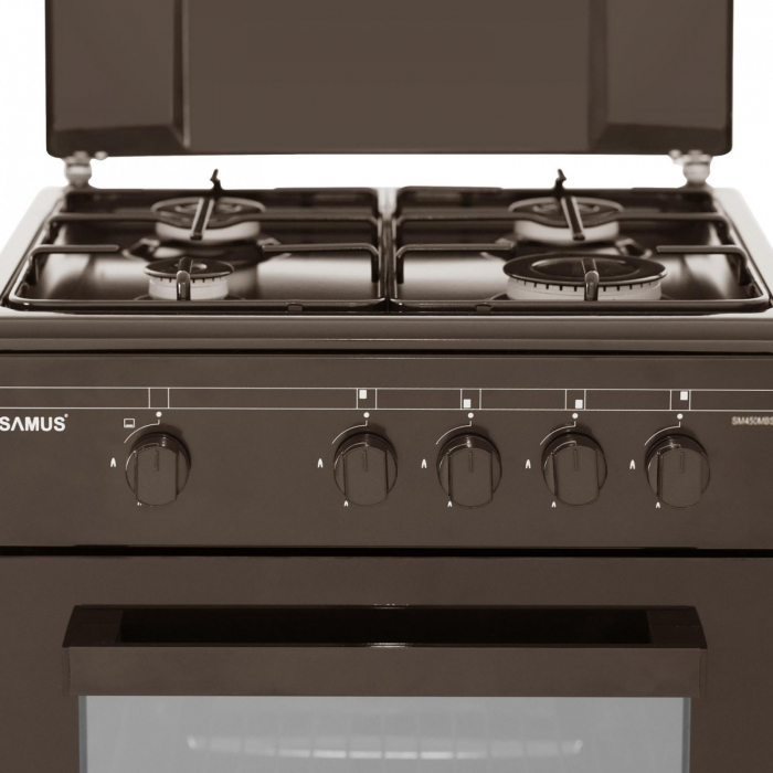 Pachet Aragaz Samus SM450MBS, 4 arzătoare, cuptor pe gaz 49L, siguranță plită + cuptor, geam dublu, maro, 50x50 cm+ Butelie GPL 26L, Ceas Regulator, Furtun 2m și 2 Coliere [4]