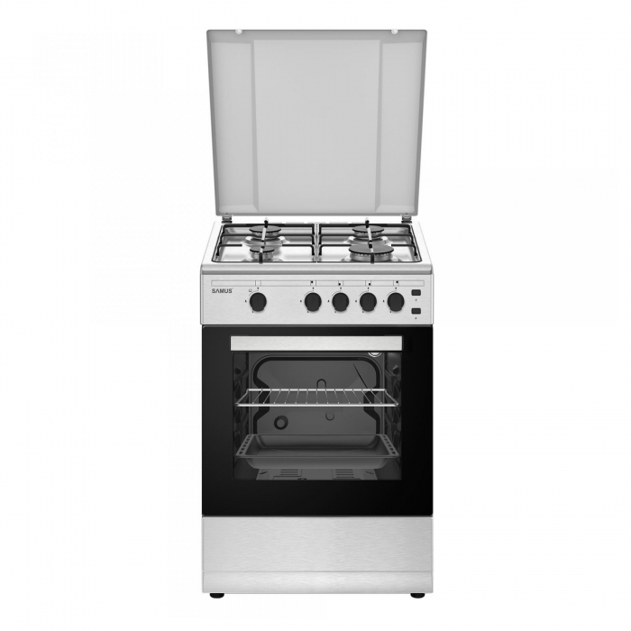 Pachet Aragaz Samus SM450XPBS, inox, 4 arzătoare, cuptor pe gaz 49L, aprindere electrică, lumină cuptor, 50x50 cm+ Butelie GPL 26L,  Ceas Regulator, Furtun 2m și 2 Coliere [2]