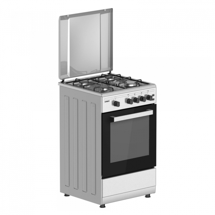Pachet Aragaz Samus SM450XPBS, inox, 4 arzătoare, cuptor pe gaz 49L, aprindere electrică, lumină cuptor, 50x50 cm+ Butelie GPL 26L,  Ceas Regulator, Furtun 2m și 2 Coliere [3]