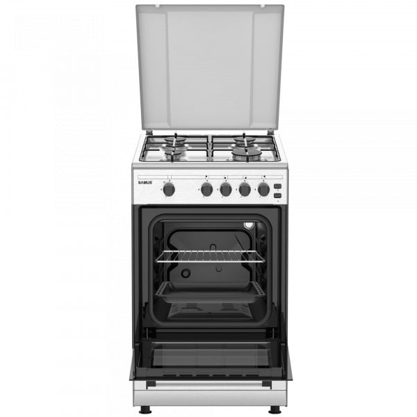 Pachet Aragaz Samus SM450XPBS, inox, 4 arzătoare, cuptor pe gaz 49L, aprindere electrică, lumină cuptor, 50x50 cm+ Butelie GPL 26L,  Ceas Regulator, Furtun 2m și 2 Coliere [6]