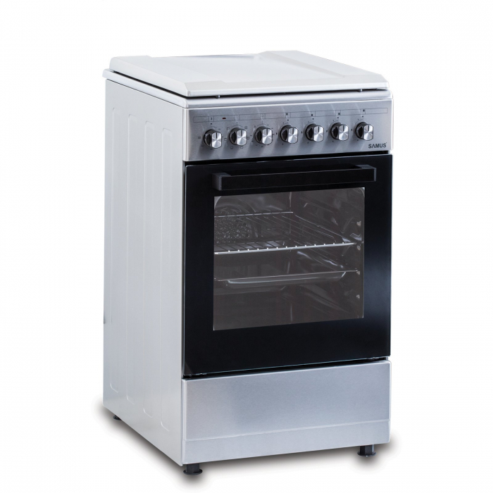 Pachet Aragaz Samus SM562AENS1 – 4 arzătoare pe gaz, cuptor electric 56L, aprindere electrică, timer, inox, design modern+ Butelie GPL 26L, Ceas Regulator, Furtun 2m și 2 Coliere [8]