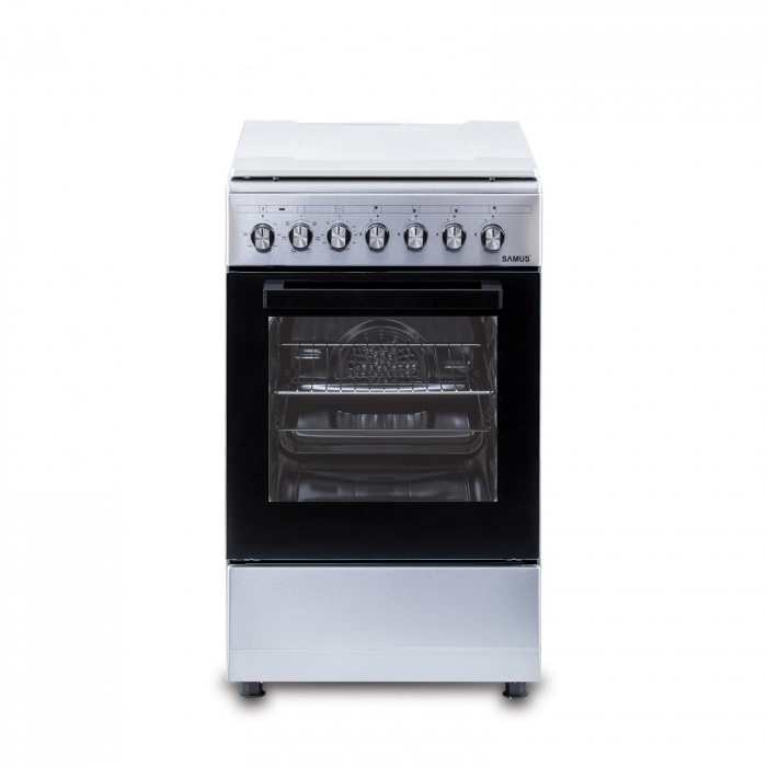 Pachet Aragaz Samus SM562AENS1 – 4 arzătoare pe gaz, cuptor electric 56L, aprindere electrică, timer, inox, design modern+ Butelie GPL 26L, Ceas Regulator, Furtun 2m și 2 Coliere [9]
