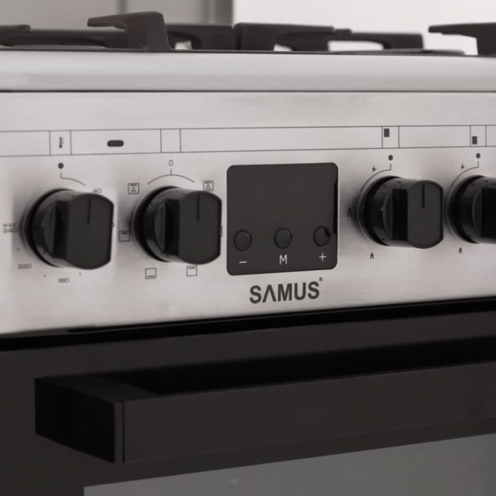Pachet Aragaz Samus SM563AENS, 4 arzatoare pe gaz, cuptor electric, 7 functii, grill, timer digital, Argintiu+ Butelie GPL 26L, Ceas Regulator, Furtun 2m și 2 Coliere [8]