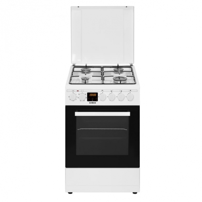 Pachet Aragaz Samus SM563AENS, 4 arzatoare pe gaz, cuptor electric, 7 functii, grill, timer digital, Argintiu+ Butelie GPL 26L, Ceas Regulator, Furtun 2m și 2 Coliere [11]