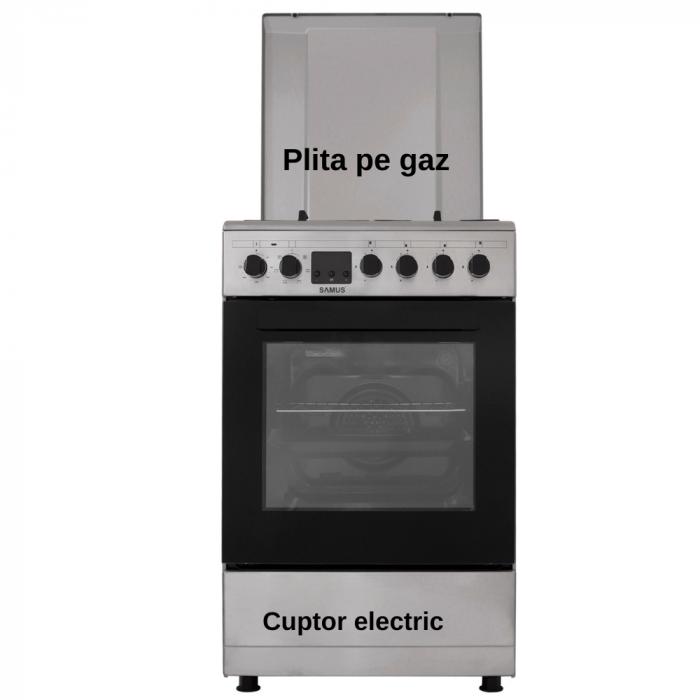 Pachet Aragaz Samus SM563AENS, 4 arzatoare pe gaz, cuptor electric, 7 functii, grill, timer digital, Argintiu+ Butelie GPL 26L, Ceas Regulator, Furtun 2m și 2 Coliere [4]
