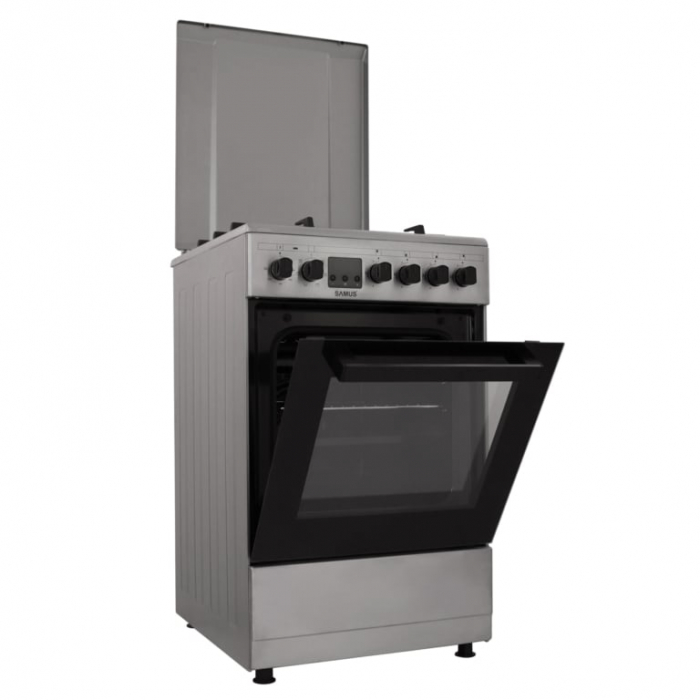 Pachet Aragaz Samus SM563AENS, 4 arzatoare pe gaz, cuptor electric, 7 functii, grill, timer digital, Argintiu+ Butelie GPL 26L, Ceas Regulator, Furtun 2m și 2 Coliere [6]