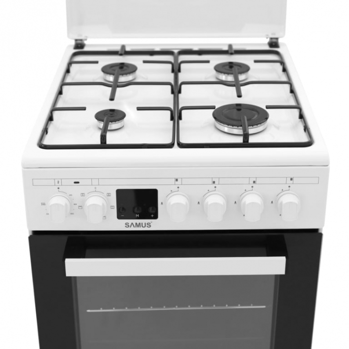 Pachet Aragaz Samus SM563AENS, 4 arzatoare pe gaz, cuptor electric, 7 functii, grill, timer digital, Argintiu+ Butelie GPL 26L, Ceas Regulator, Furtun 2m și 2 Coliere [8]