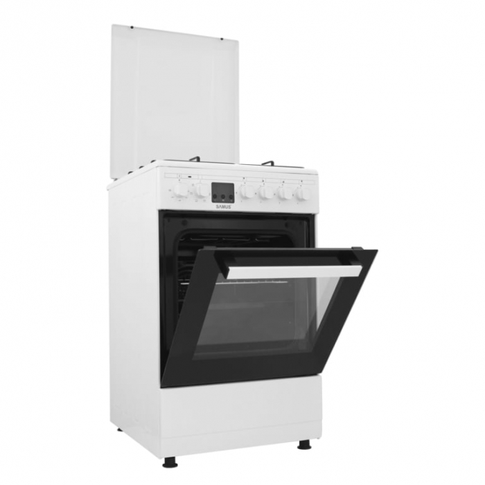 Pachet Aragaz Samus SM563AENS, 4 arzatoare pe gaz, cuptor electric, 7 functii, grill, timer digital, Argintiu+ Butelie GPL 26L, Ceas Regulator, Furtun 2m și 2 Coliere [10]