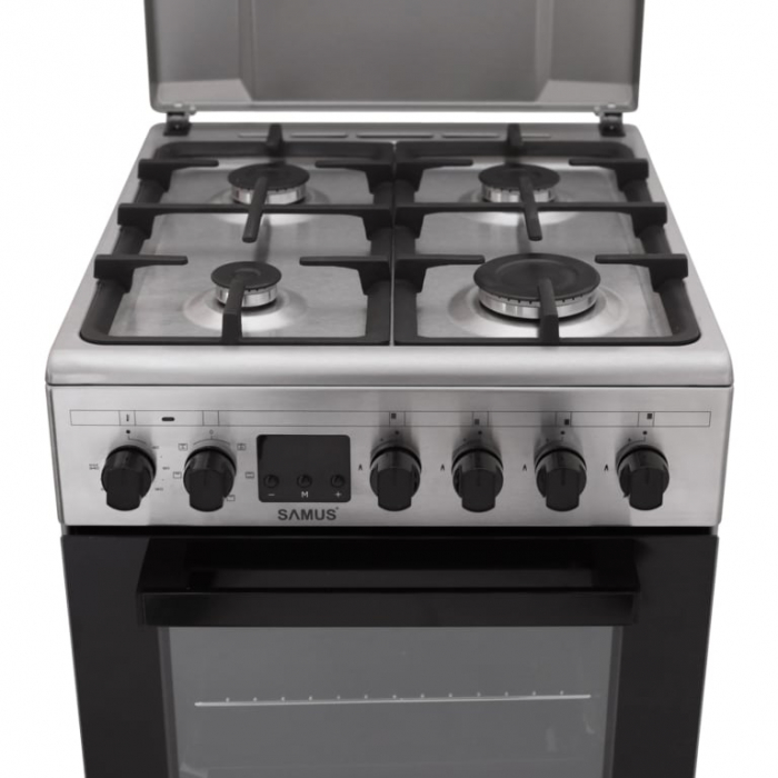 Pachet Aragaz Samus SM563AENS, 4 arzatoare pe gaz, cuptor electric, 7 functii, grill, timer digital, Argintiu+ Butelie GPL 26L, Ceas Regulator, Furtun 2m și 2 Coliere [7]