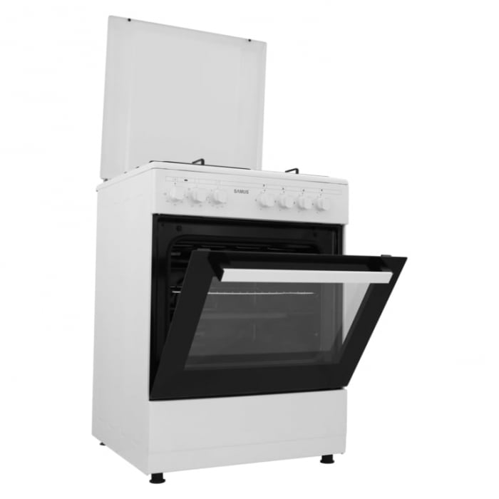 Pachet Aragaz Samus SM662AENS, 4 arzatoare pe gaz, cuptor electric, 7 functii, grill, timer mecanic, Alb+ Butelie GPL 26L, Ceas Regulator, Furtun 2m și 2 Coliere [6]