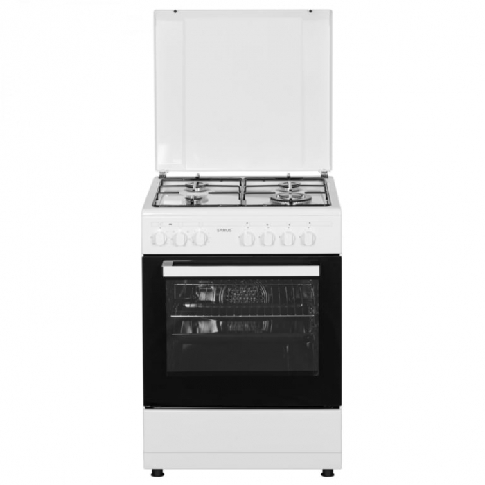 Pachet Aragaz Samus SM662AENS, 4 arzatoare pe gaz, cuptor electric, 7 functii, grill, timer mecanic, Alb+ Butelie GPL 26L, Ceas Regulator, Furtun 2m și 2 Coliere [10]